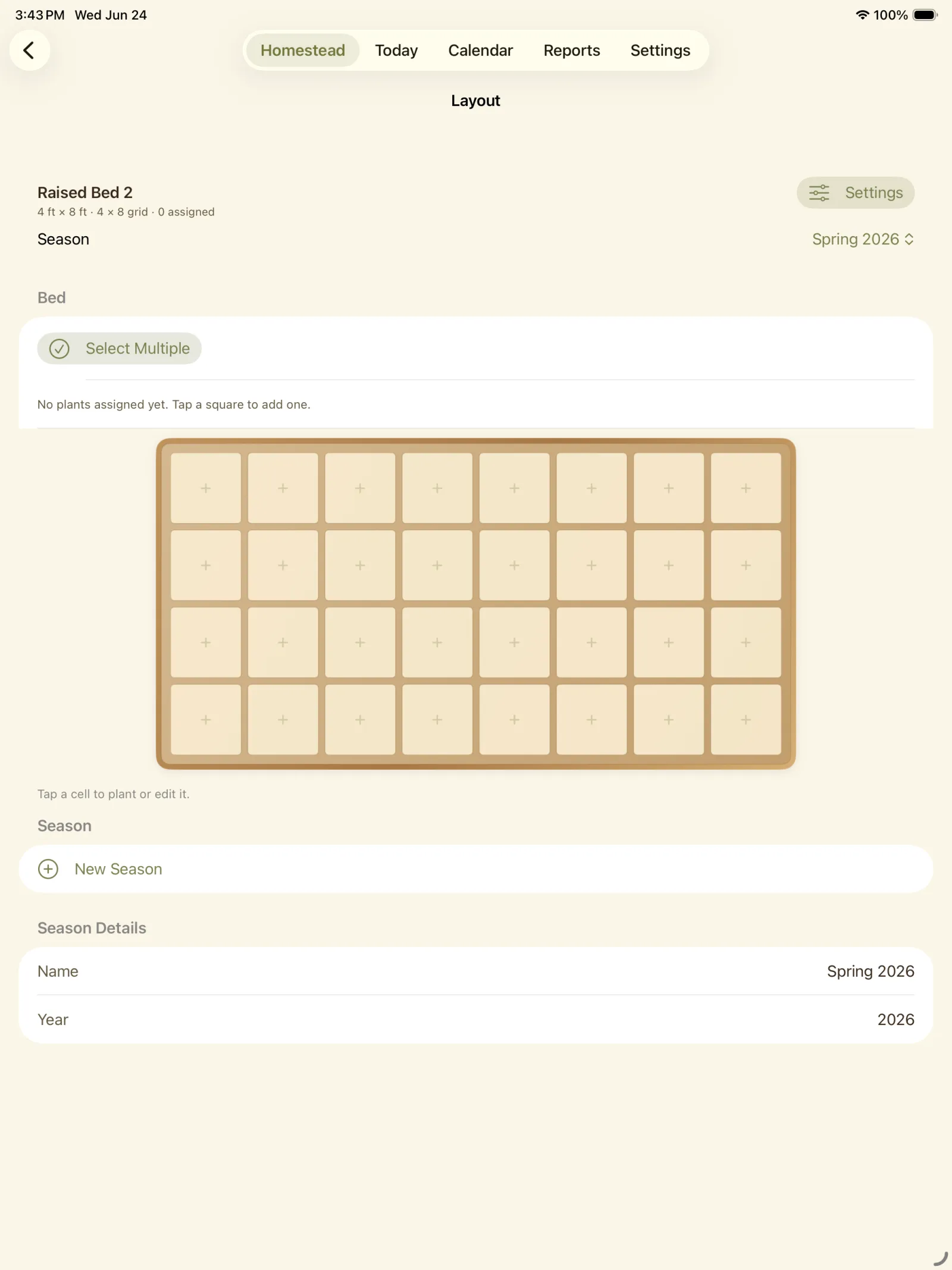 Raised Bed 2 layout screen showing an empty grid and layout controls.